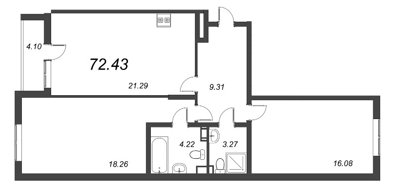 3-комнатная (Евро) квартира, 72.43 м² в ЖК "Чёрная речка" - планировка, фото №1