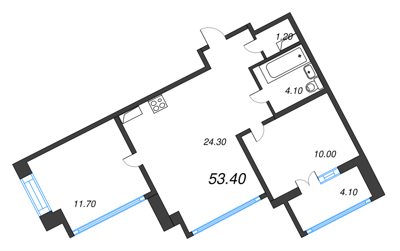 2-комнатная квартира, 54 м² - планировка, фото №1