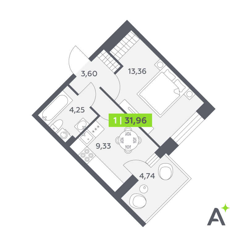 1-комнатная квартира, 31.96 м² в ЖК "Аквилон РекаПарк" - планировка, фото №1