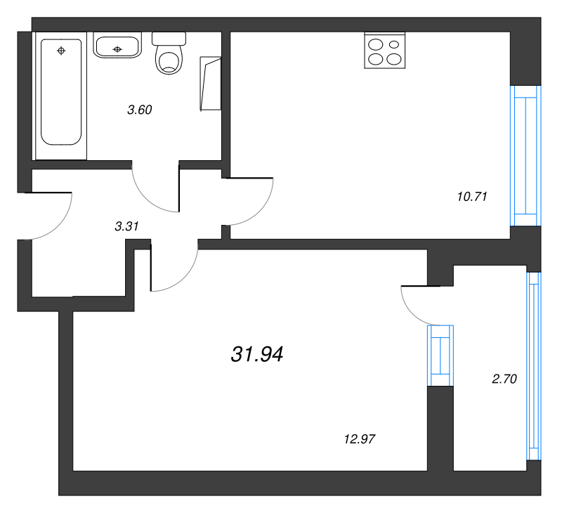 1-комнатная квартира, 31.94 м² в ЖК "Cube" - планировка, фото №1