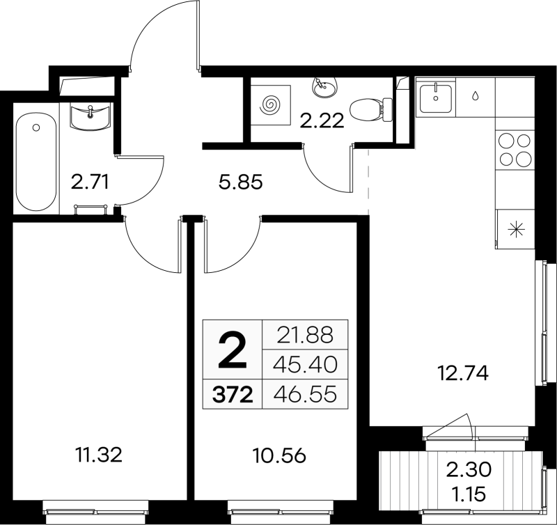 2-комнатная квартира, 46.55 м² в ЖК "GloraX Новоселье" - планировка, фото №1