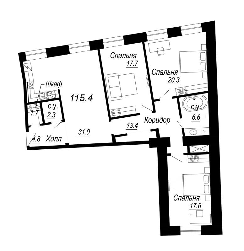 3-комнатная квартира, 117.2 м² - планировка, фото №1