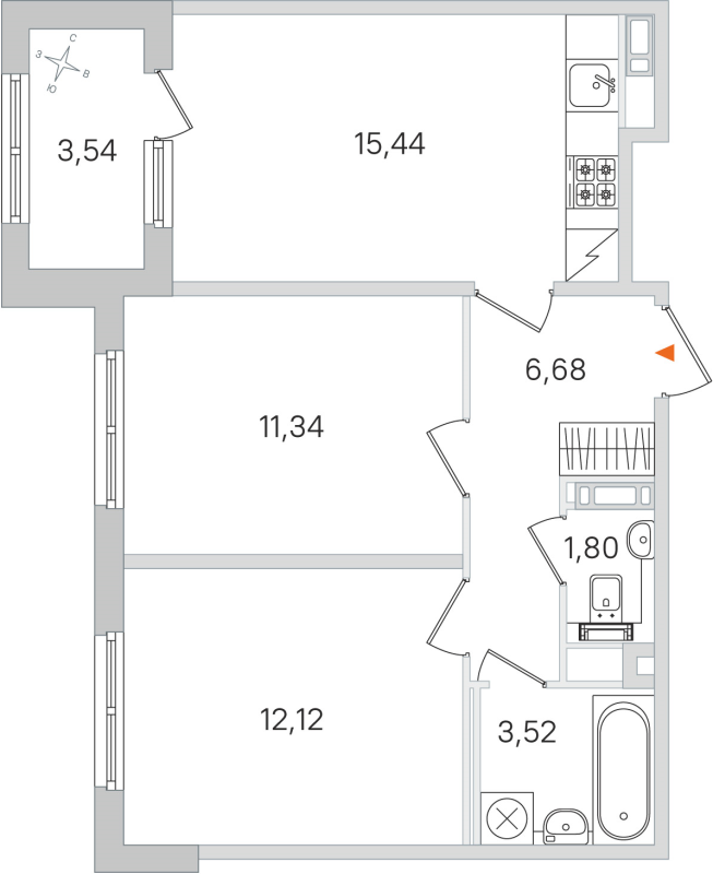 3-комнатная (Евро) квартира, 50.9 м² в ЖК "Дубровский" - планировка, фото №1