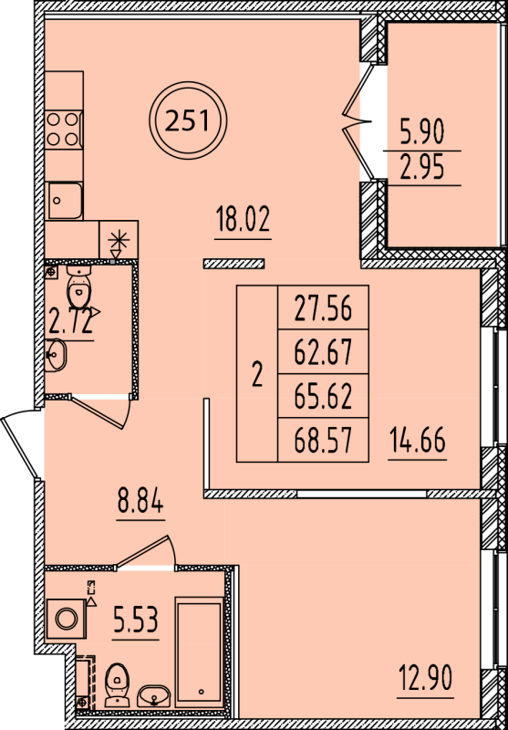 3-комнатная (Евро) квартира, 62.67 м² - планировка, фото №1
