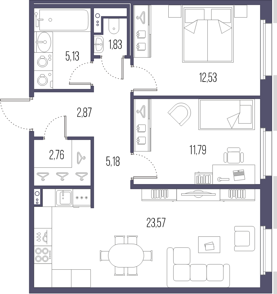 3-комнатная (Евро) квартира, 66.64 м² в ЖК "Большой Сампсониевский, 32" - планировка, фото №1