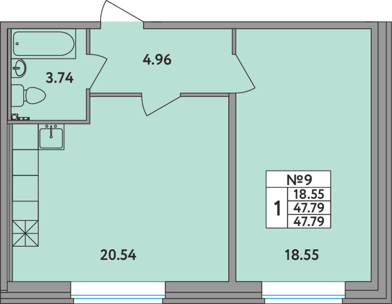 2-комнатная (Евро) квартира, 47.79 м² в ЖК "Удача (Вита)" - планировка, фото №1