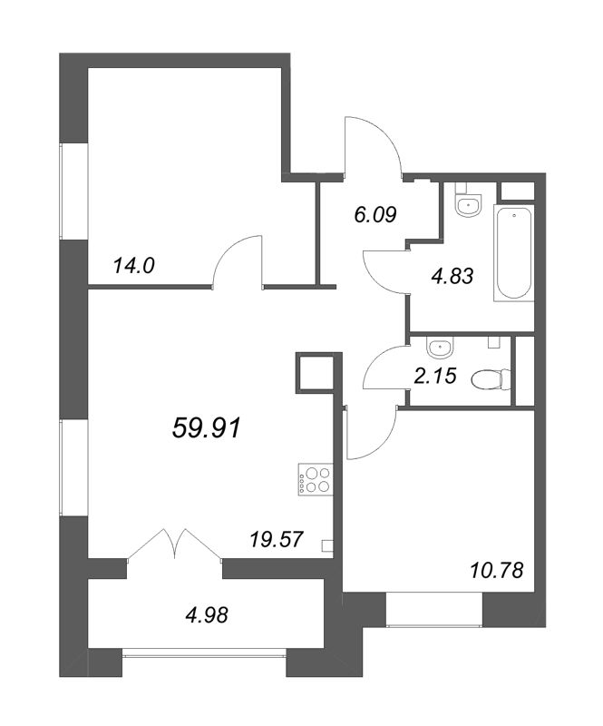 3-комнатная (Евро) квартира, 59.91 м² - планировка, фото №1