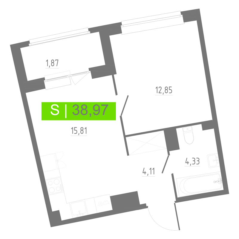 2-комнатная (Евро) квартира, 38.97 м² в ЖК "Аквилон РИВА" - планировка, фото №1