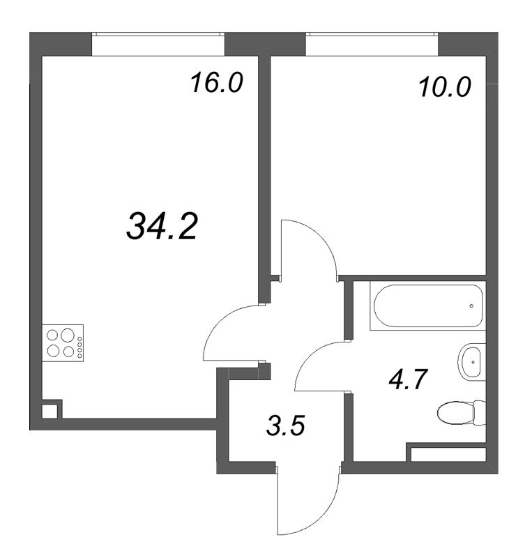 2-комнатная (Евро) квартира, 34.2 м² в ЖК "Пулково Lake" - планировка, фото №1