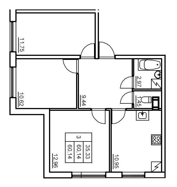 3-комнатная квартира, 60.19 м² в ЖК "Панорама Юкки" - планировка, фото №1