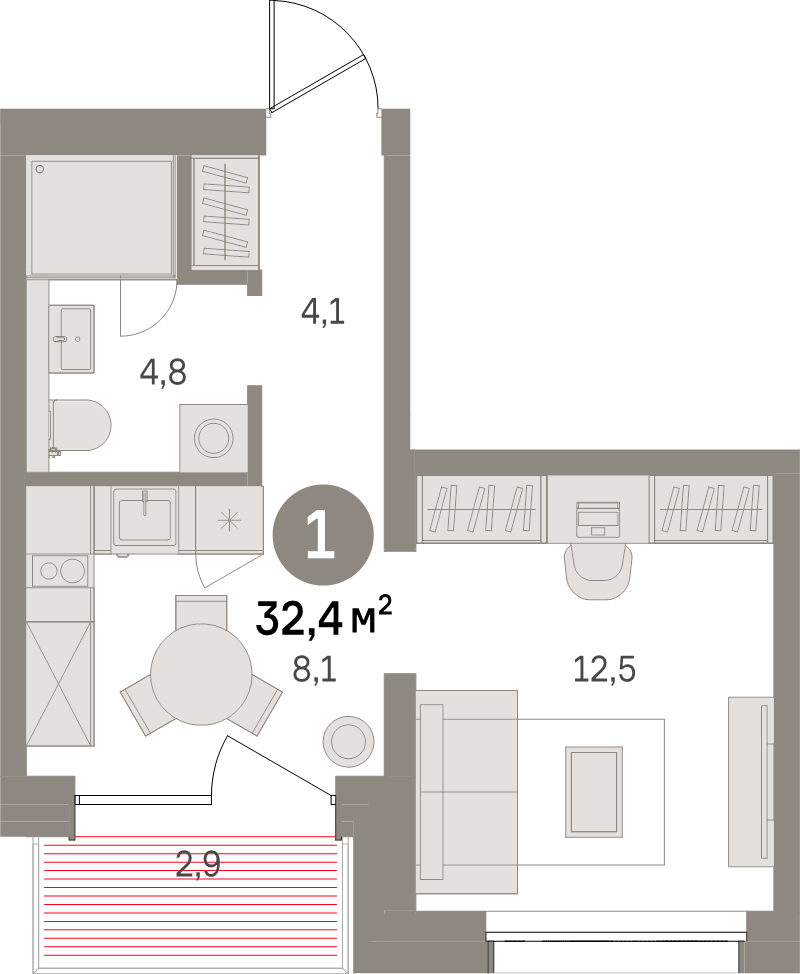 1-комнатная квартира, 32.4 м² в ЖК "Северный ветер" - планировка, фото №1