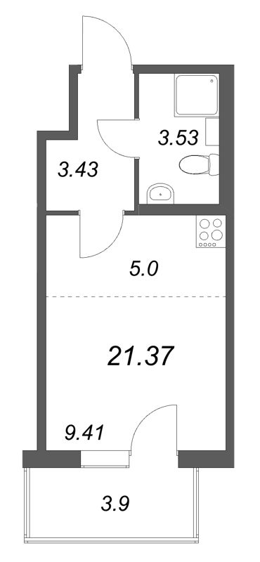 Квартира-студия, 21.37 м² - планировка, фото №1