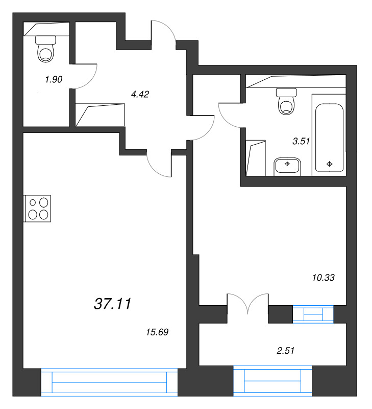 2-комнатная (Евро) квартира, 37.11 м² в ЖК "Цивилизация на неве" - планировка, фото №1