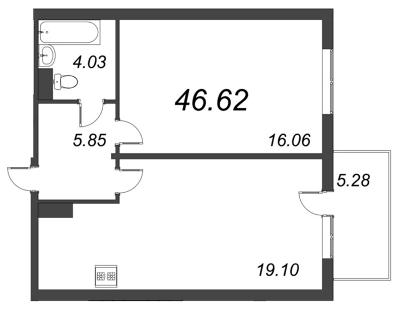 2-комнатная (Евро) квартира, 46.62 м² - планировка, фото №1