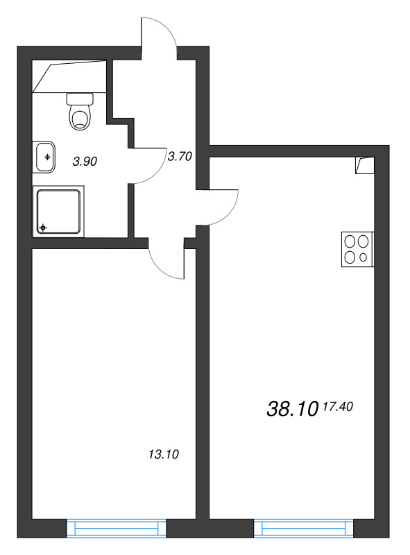 2-комнатная (Евро) квартира, 38.1 м² в ЖК "Ручьи" - планировка, фото №1