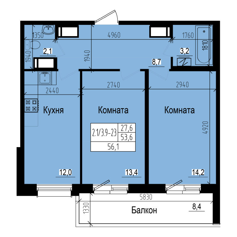 2-комнатная квартира, 56.1 м² - планировка, фото №1