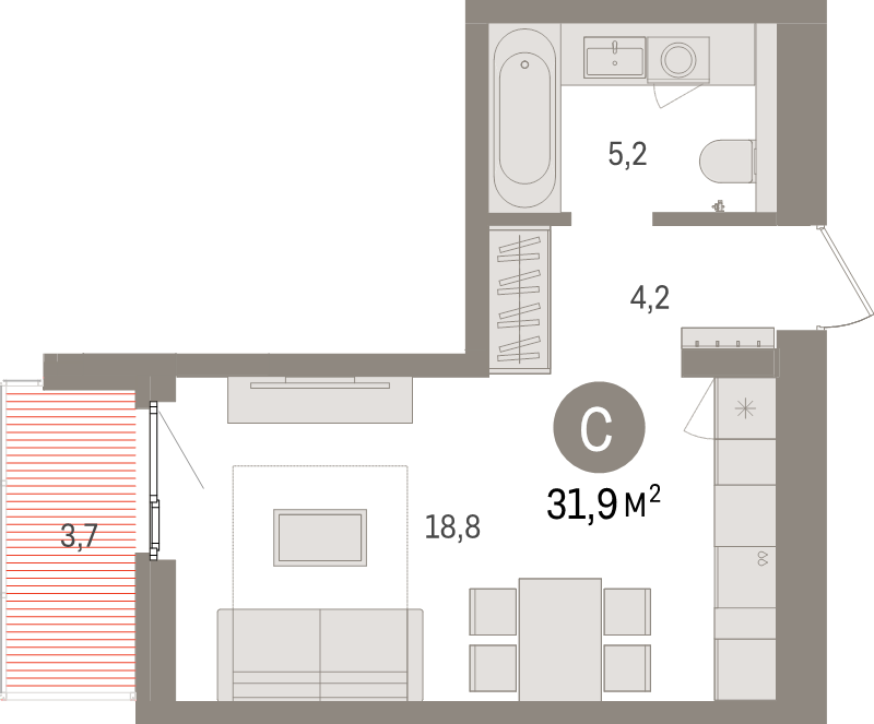 Квартира-студия, 31.9 м² в ЖК "Брусника в Новоселье" - планировка, фото №1