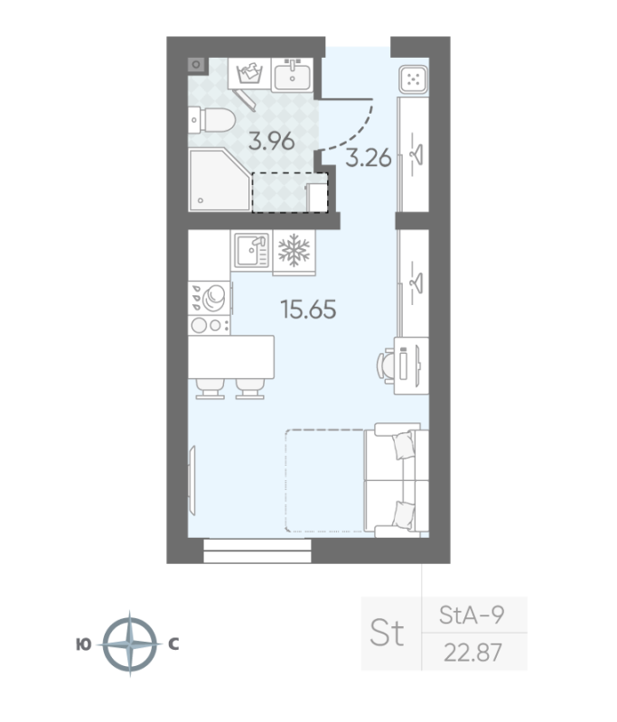 Квартира-студия, 22.87 м² в ЖК "Морская миля" - планировка, фото №1