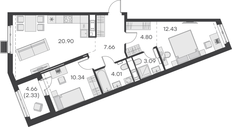 3-комнатная (Евро) квартира, 65.56 м² - планировка, фото №1