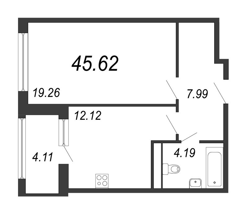 1-комнатная квартира, 46.1 м² - планировка, фото №1