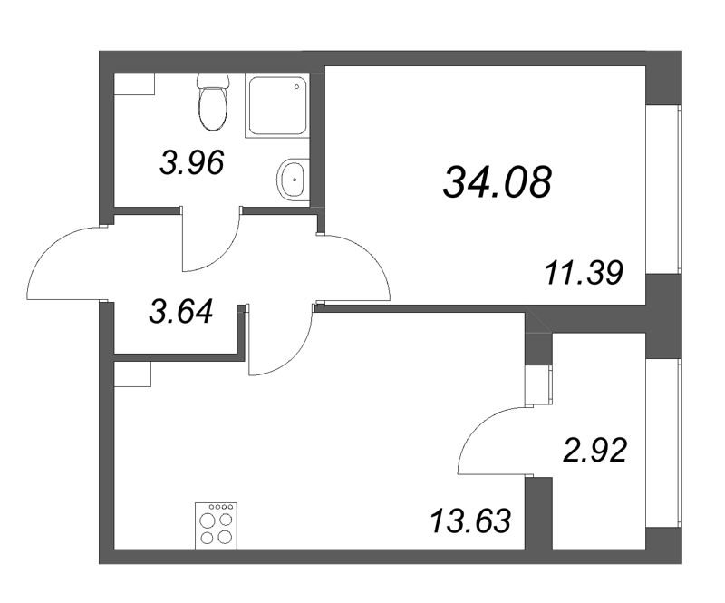 1-комнатная квартира, 34.08 м² в ЖК "Аурум" - планировка, фото №1