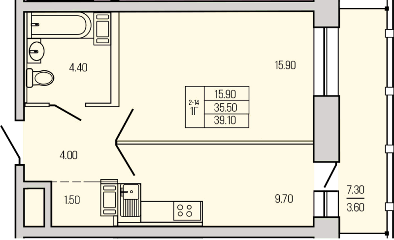 1-комнатная квартира, 39.1 м² в ЖК "Экос" - планировка, фото №1