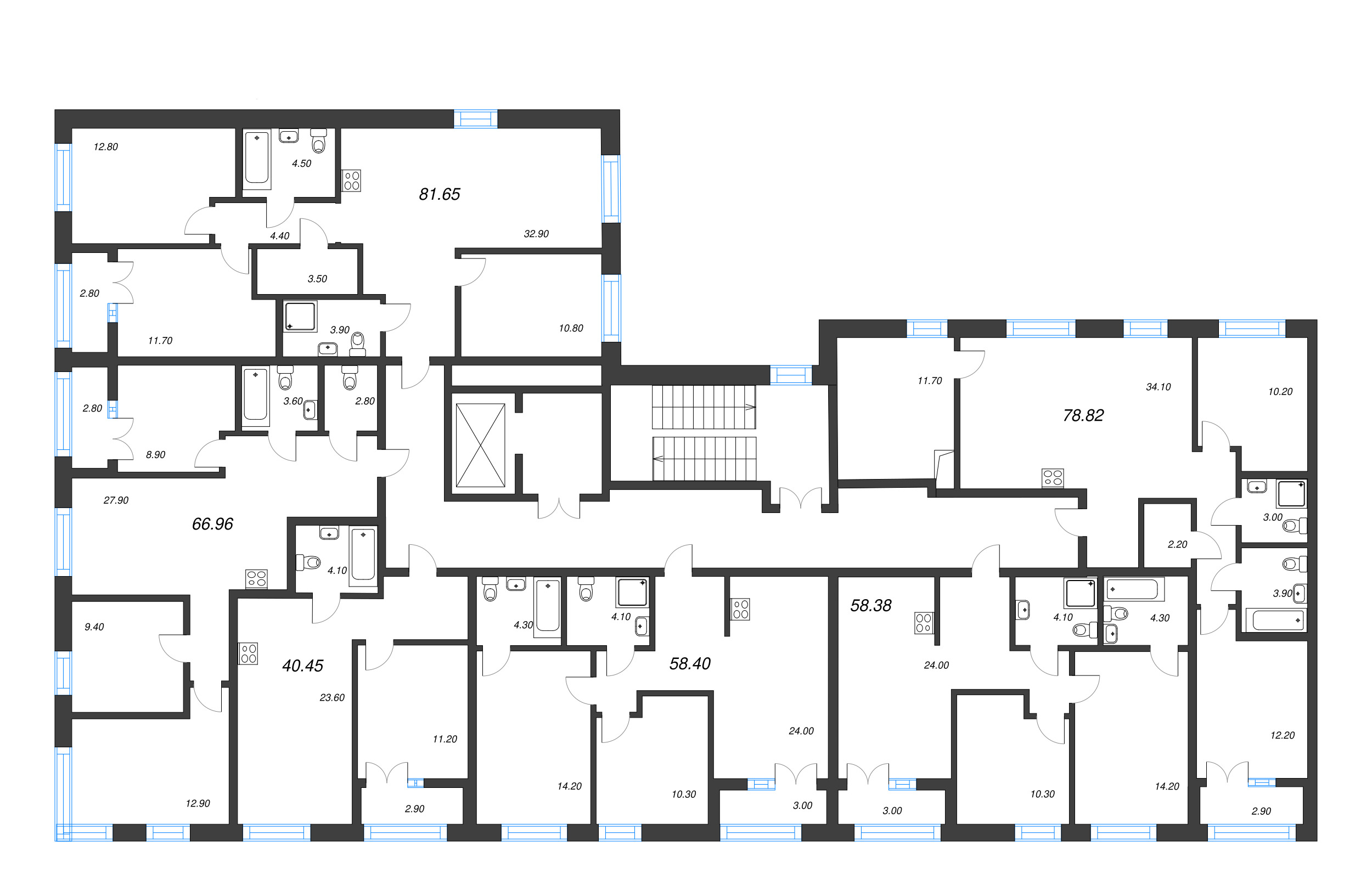 3-комнатная квартира, 66.96 м² - планировка этажа