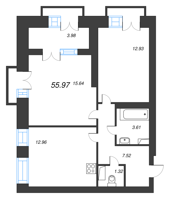 2-комнатная квартира, 58.9 м² - планировка, фото №1