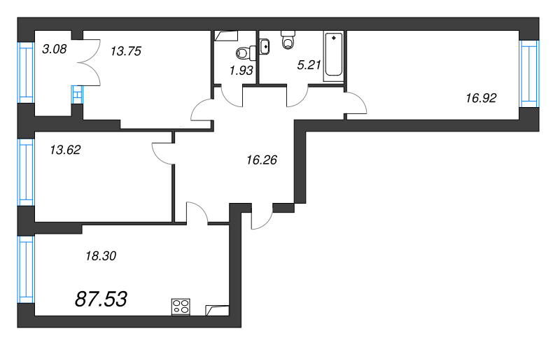3-комнатная квартира, 87.53 м² - планировка, фото №1