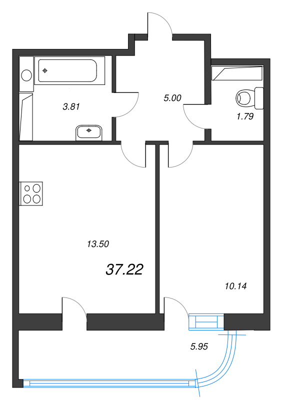 2-комнатная (Евро) квартира, 37.22 м² - планировка, фото №1