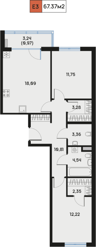 3-комнатная (Евро) квартира, 67.95 м² - планировка, фото №1