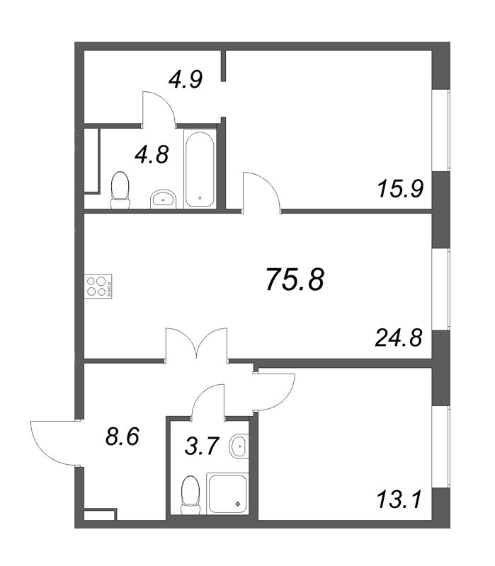 3-комнатная (Евро) квартира, 75.9 м² в ЖК "Визионер" - планировка, фото №1