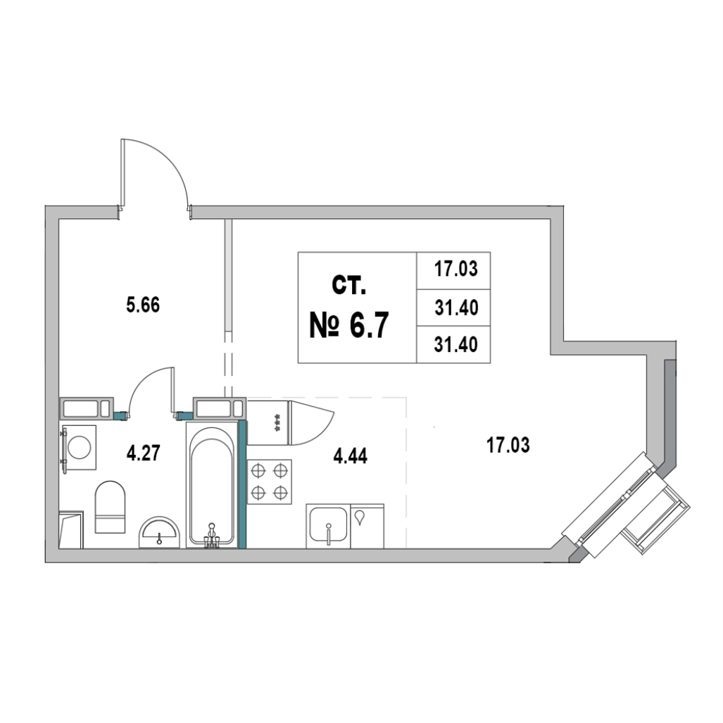 Квартира-студия, 31.4 м² в ЖК "Новый Город" - планировка, фото №1