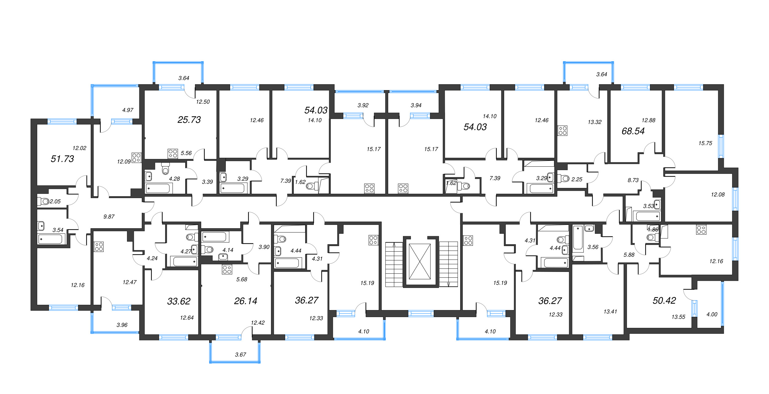 2-комнатная квартира, 51.73 м² - планировка этажа