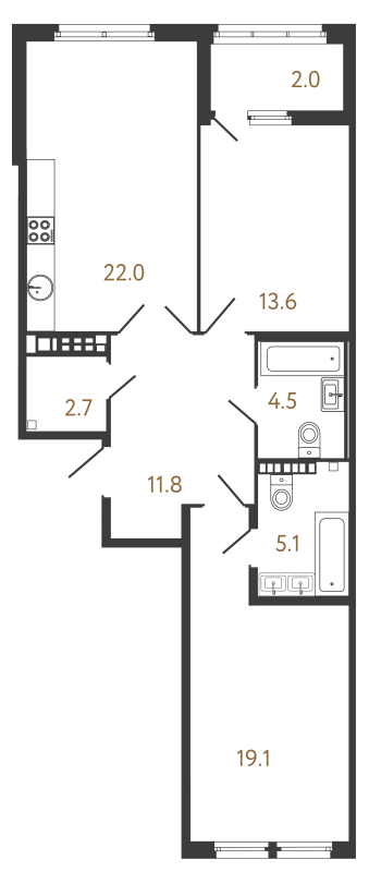 3-комнатная (Евро) квартира, 78.8 м² - планировка, фото №1