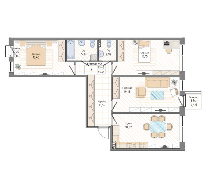 3-комнатная квартира, 94.6 м² - планировка, фото №1