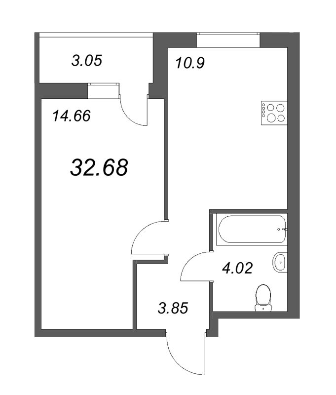 1-комнатная квартира, 32.68 м² - планировка, фото №1