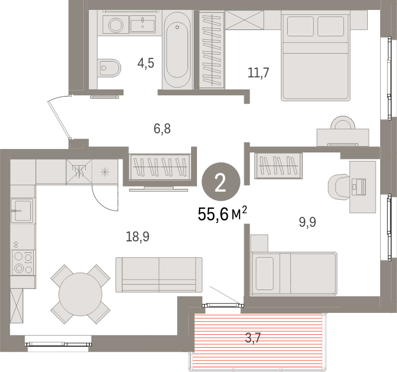3-комнатная (Евро) квартира, 55.6 м² в ЖК "Брусника в Новоселье" - планировка, фото №1
