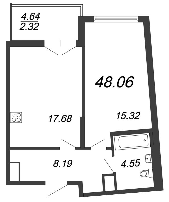 2-комнатная (Евро) квартира, 48.2 м² - планировка, фото №1