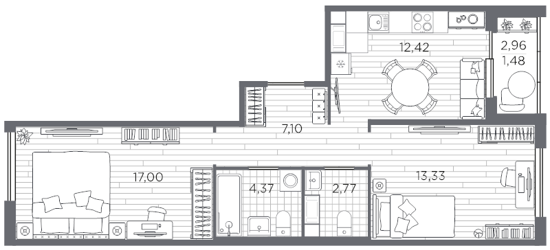 2-комнатная квартира, 58.47 м² в ЖК "PLUS Пулковский" - планировка, фото №1