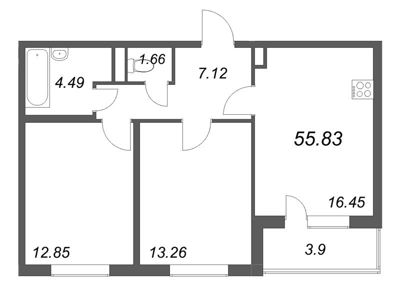 3-комнатная (Евро) квартира, 55.83 м² в ЖК "ЮгТаун" - планировка, фото №1