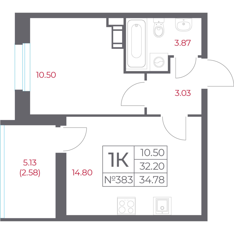 1-комнатная квартира, 34.78 м² в ЖК "Город-спутник Южный" - планировка, фото №1