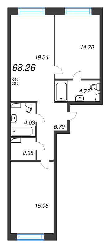 3-комнатная (Евро) квартира, 68.26 м² в ЖК "Остров Первых" - планировка, фото №1