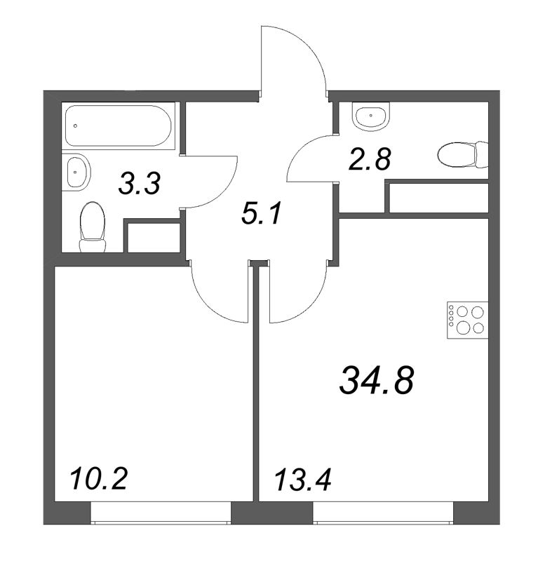 1-комнатная квартира, 34.8 м² в ЖК "Гений" - планировка, фото №1