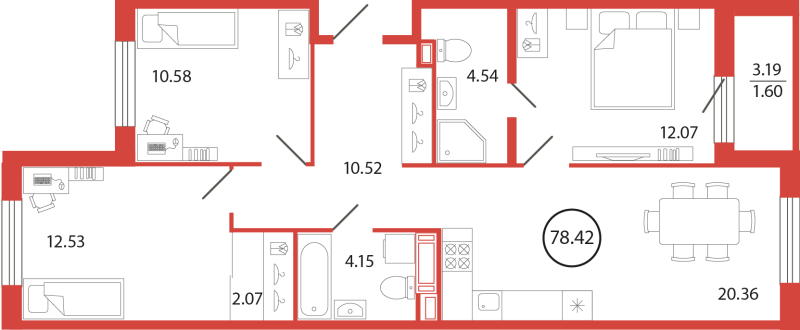 4-комнатная (Евро) квартира, 78.42 м² в ЖК "Энфилд" - планировка, фото №1