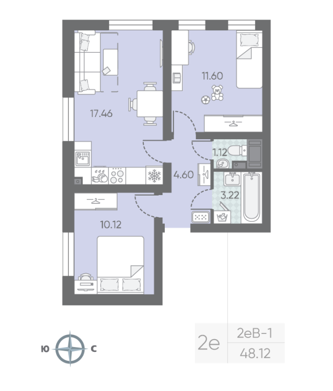 3-комнатная (Евро) квартира, 48.64 м² в ЖК "Морская миля" - планировка, фото №1