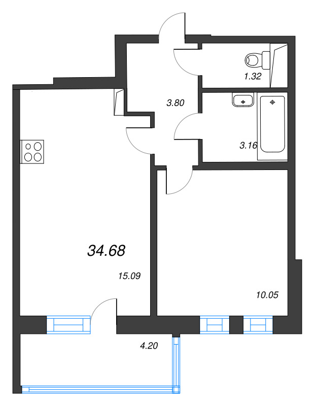 2-комнатная (Евро) квартира, 34.68 м² в ЖК "Аэросити" - планировка, фото №1