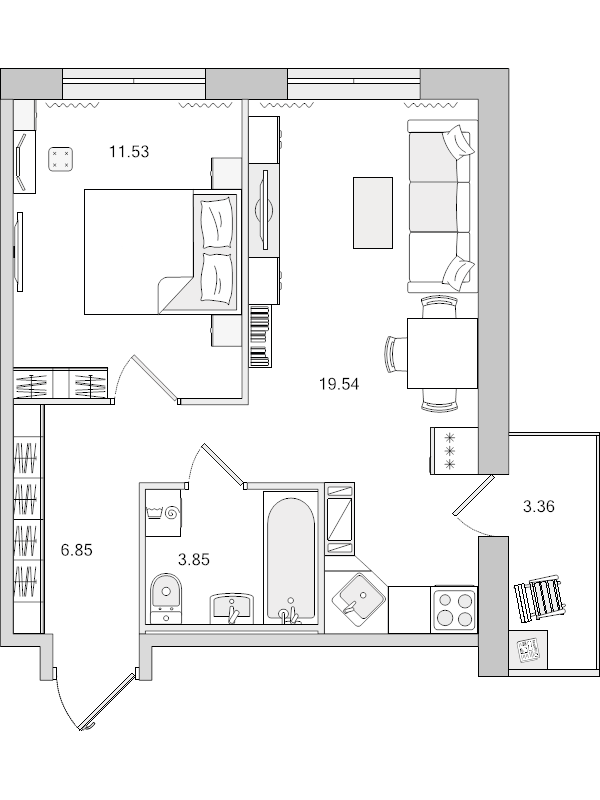 2-комнатная (Евро) квартира, 45.13 м² в ЖК "Parkolovo" - планировка, фото №1
