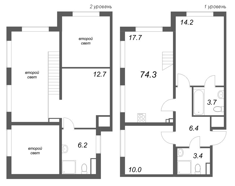 4-комнатная (Евро) квартира, 74.3 м² в ЖК "Пулково Лейк" - планировка, фото №1