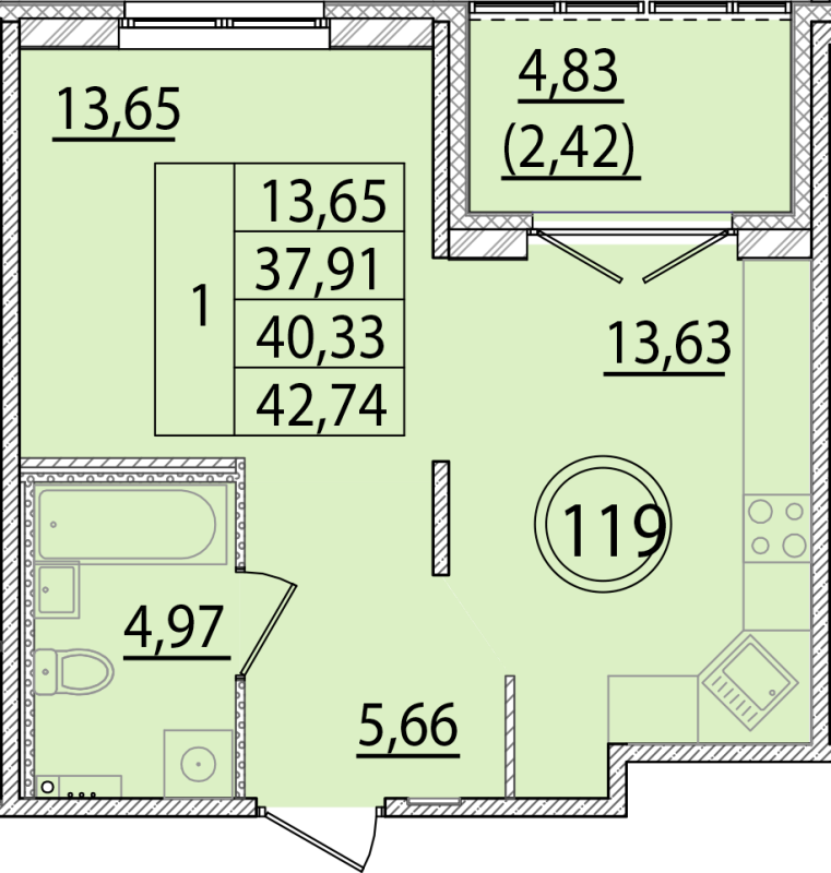 1-комнатная квартира, 37.91 м² в ЖК "Образцовый квартал 15" - планировка, фото №1